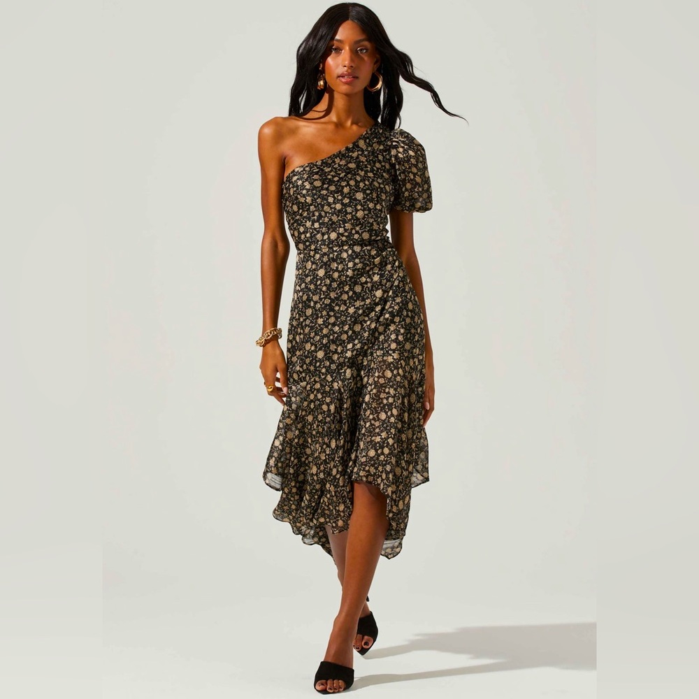 Astr Black and Gold One-Shoulder Midi Dress